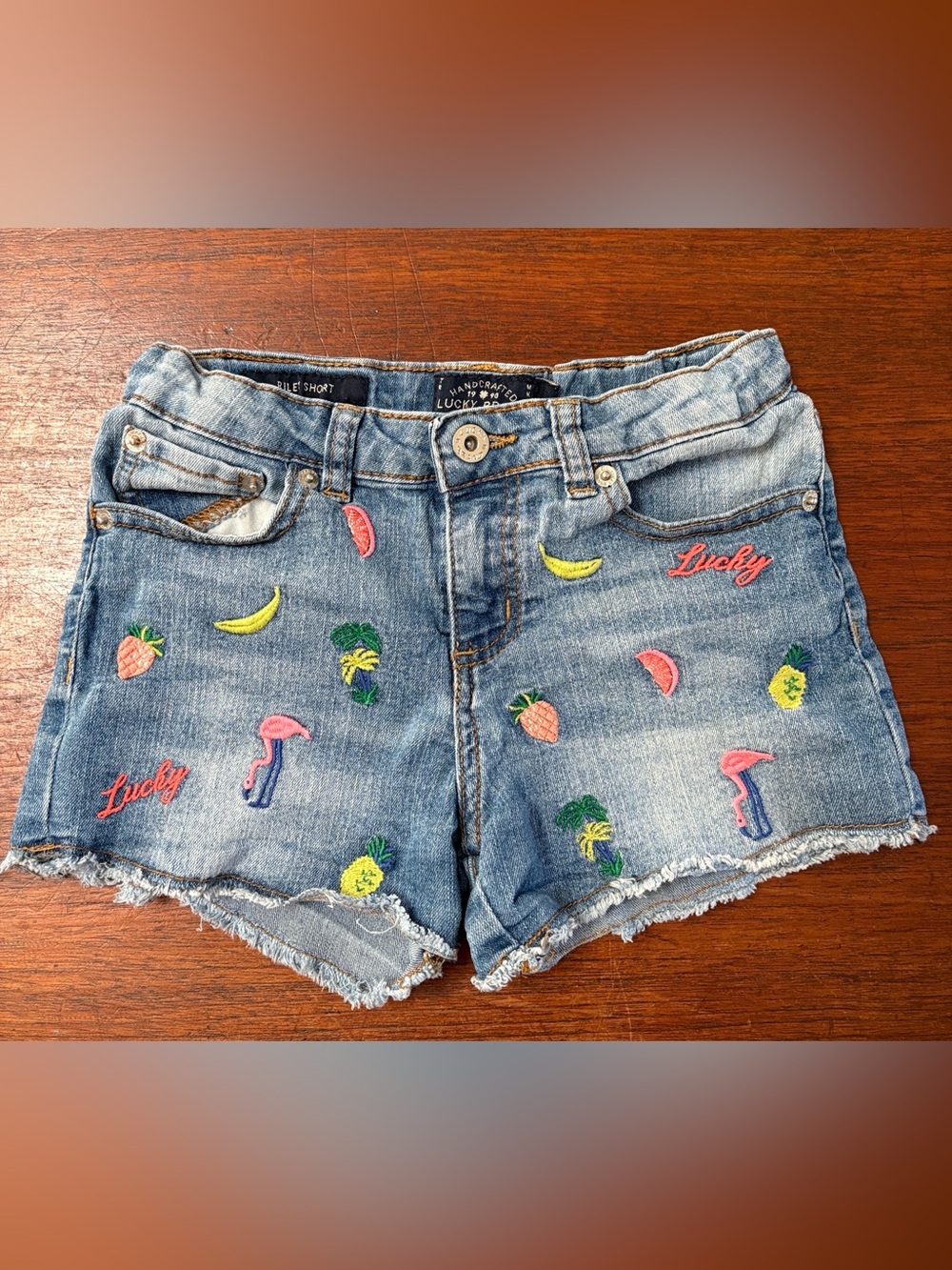 Lucky Brand Light Blue Denim Shorts with Tropical Embroidery-Kids size 10